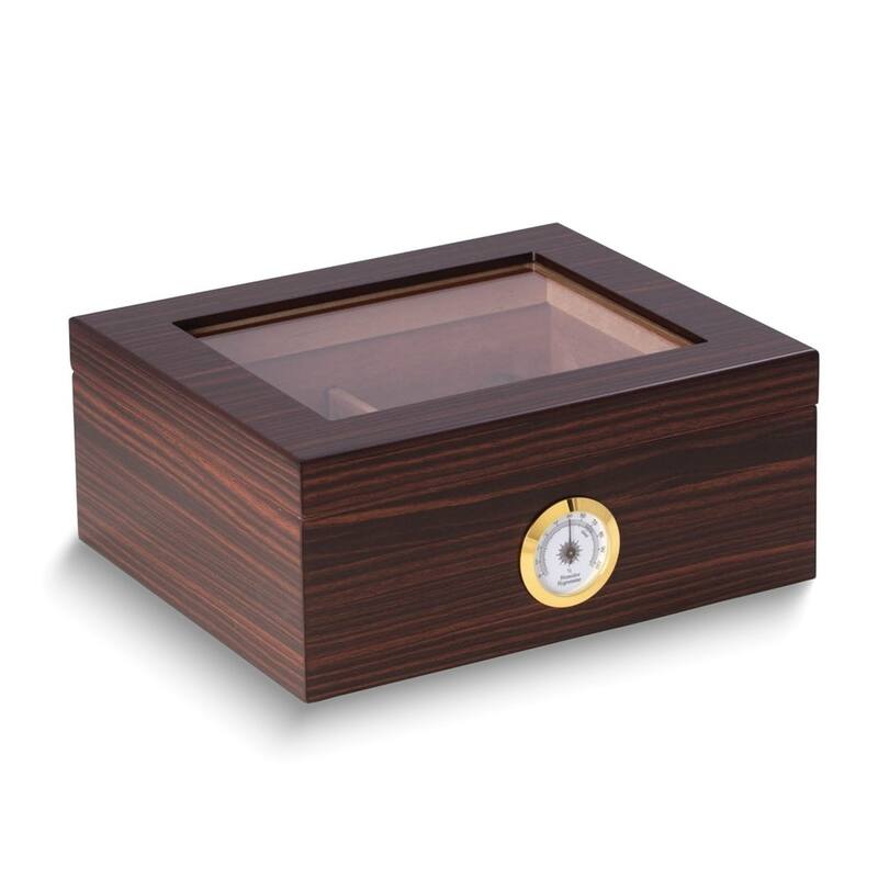 Curata Lacquered Ebony Finish Wood Glass Lid 50-Cigar Humidor Spanish Cedar Lining Hygrometer Humidistat