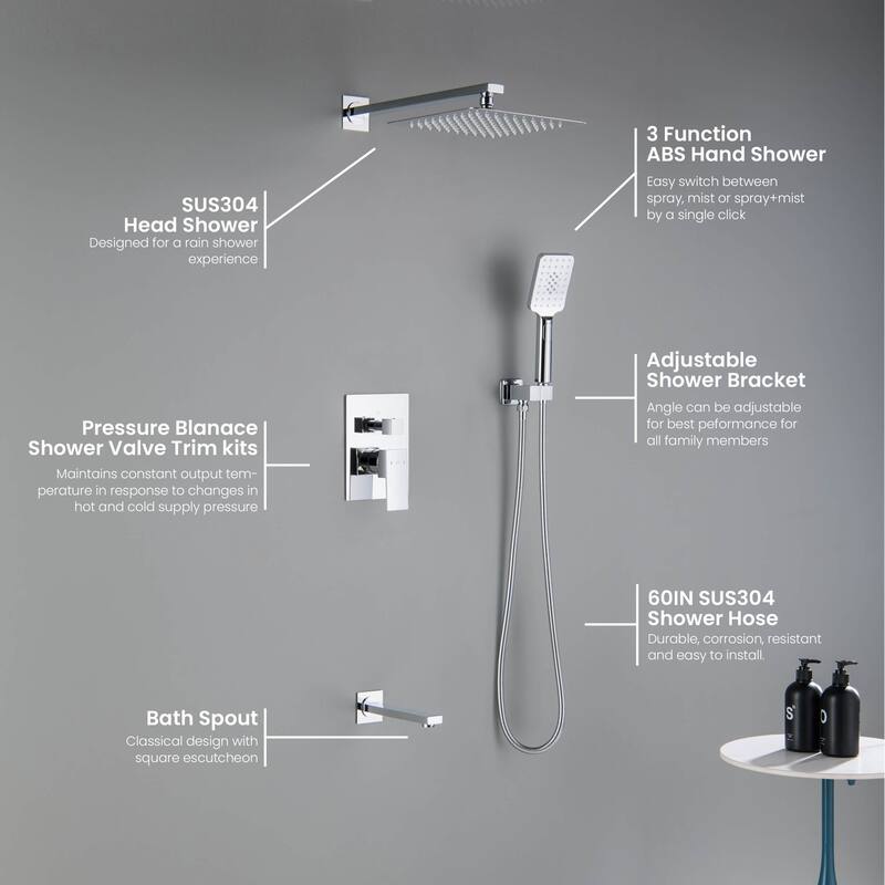 Cube Pressure Balanced 3-Function Shower System with Rough-In Valve