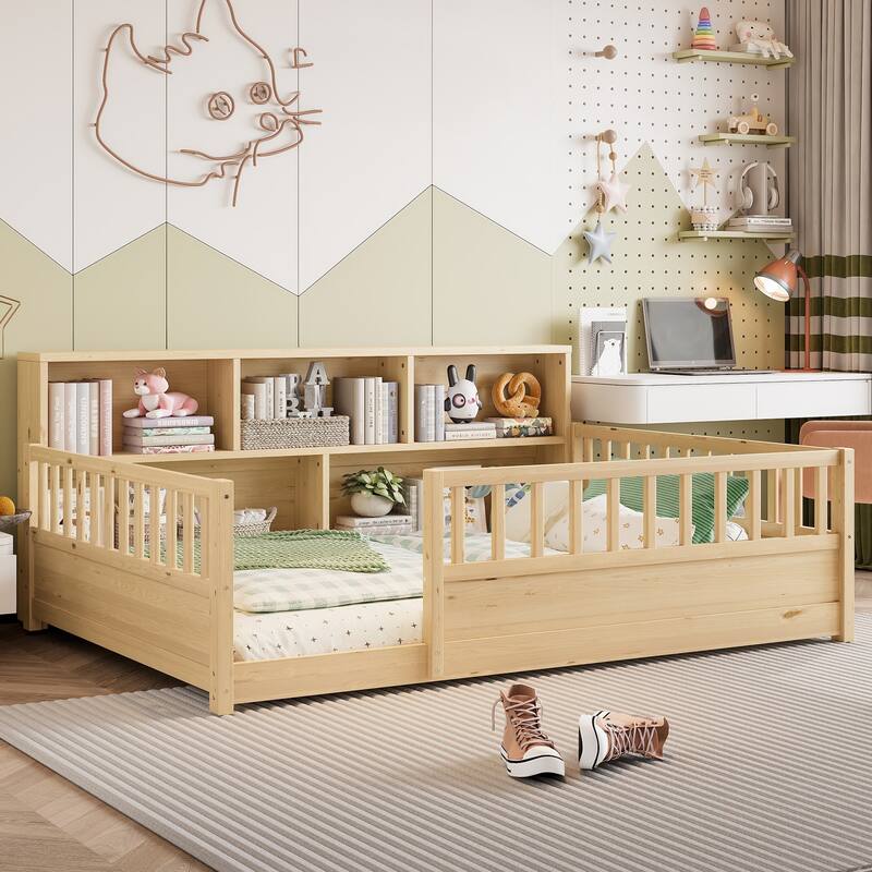 Wooden Floor Bed Frame with Fence Guardrail & Side Storage, Low Profile Kids Bed (Full/Twin)