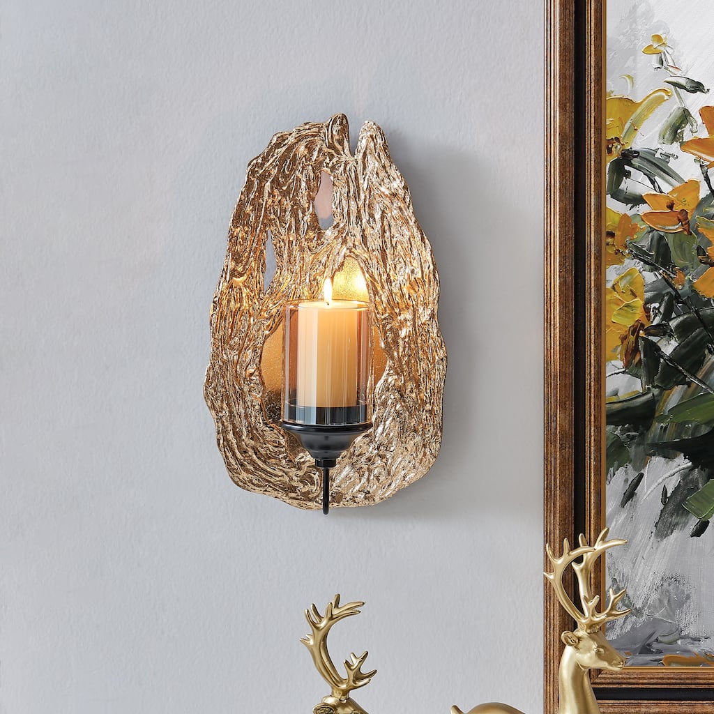 Vivien Abstract Gold Wall Candle Sconce with Glass Hurricane