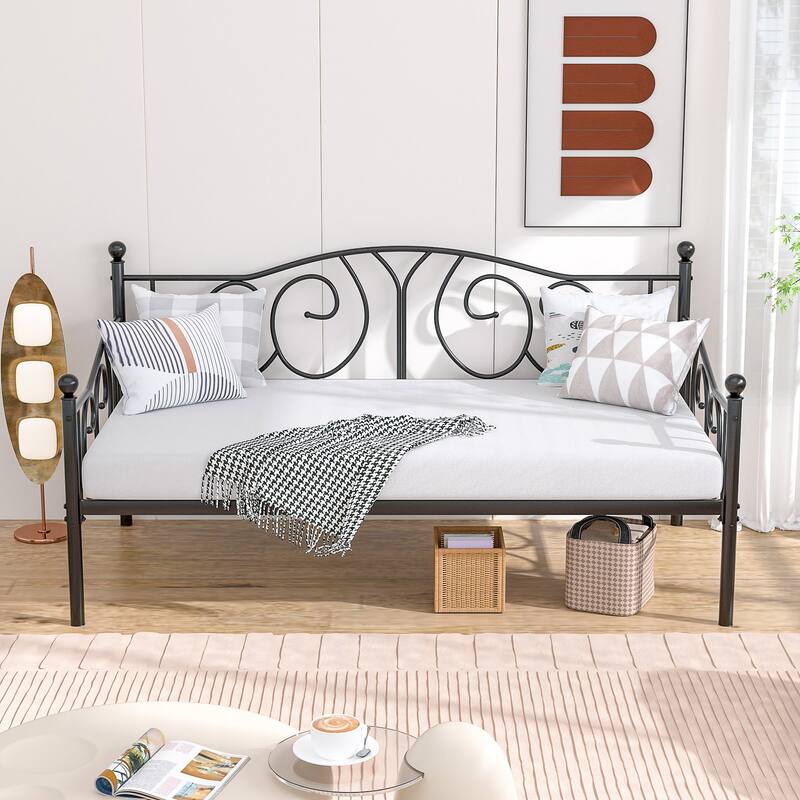 VECELO Metal Twin Size Daybed with Roman Column Legs Scroll Design Heavy Duty 350 lbs Capacity Sofa Bed for Living Room