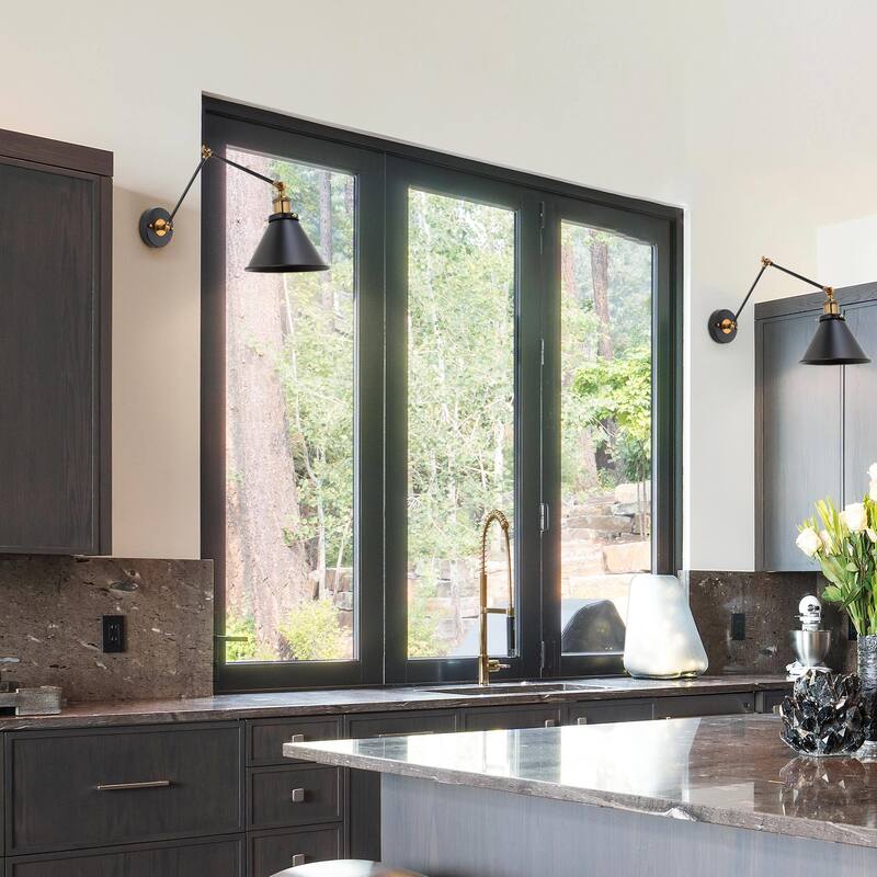 Set of 2 Modern Farmhouse Black Swing Arm Lights Plug-in/Hardwired Wall Sconces - L21" x W7.3 "x H8"