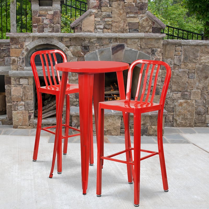 24'' Round Metal Indoor-Outdoor Bar Table Set with 2 Vertical Slat Back Stools - 24"W x 24"D x 41"H