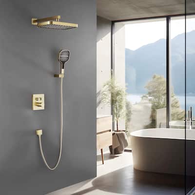 Modland 4-Way Square Thermostatic Rainfall Shower System with Rough-in Valve, Black/Gold