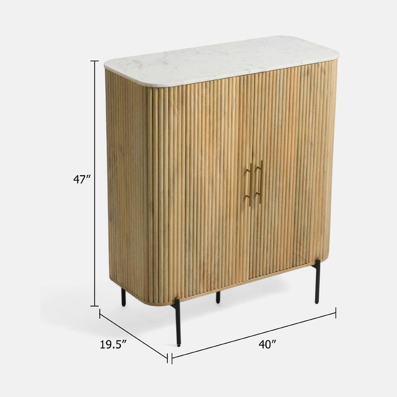 Cid Jolie Accent Cabinet, 47 Inch Marble Top, Reeded Mango Wood, 2 Doors