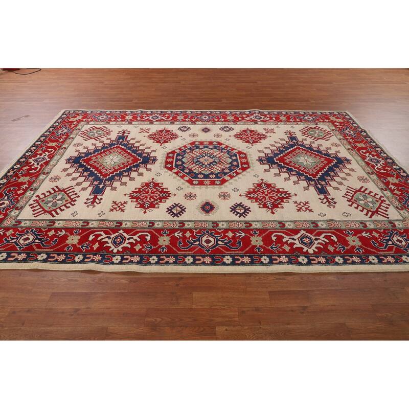 Geometric Kazak Area Rug Hand-Knotted Beige Oriental Wool Carpet - 6'9" x 9'9"