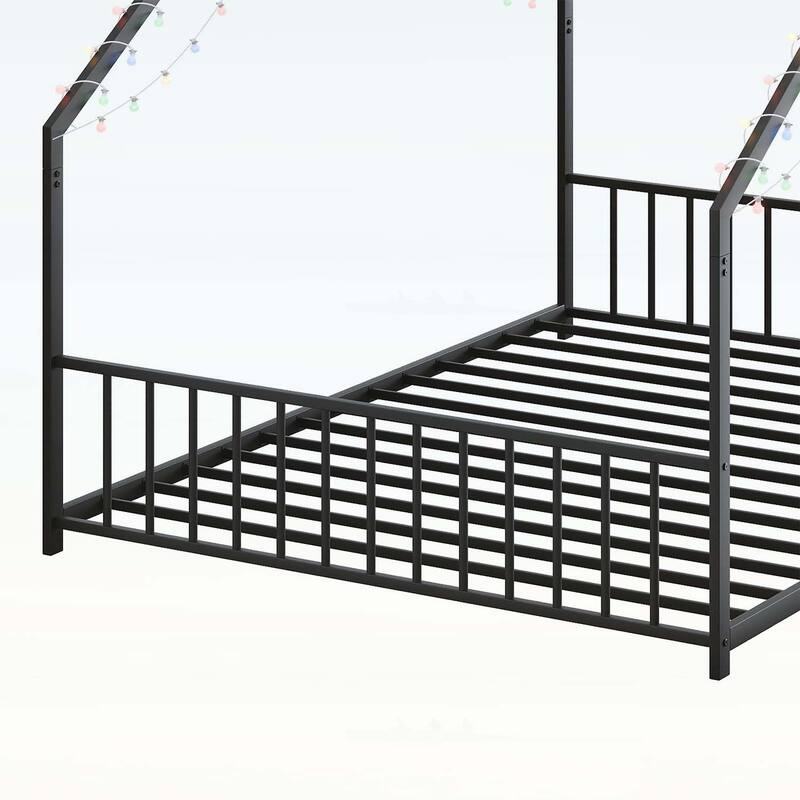 Platform Bed with LED light strips,roof-shaped iron frame,and low profile design for safety and style