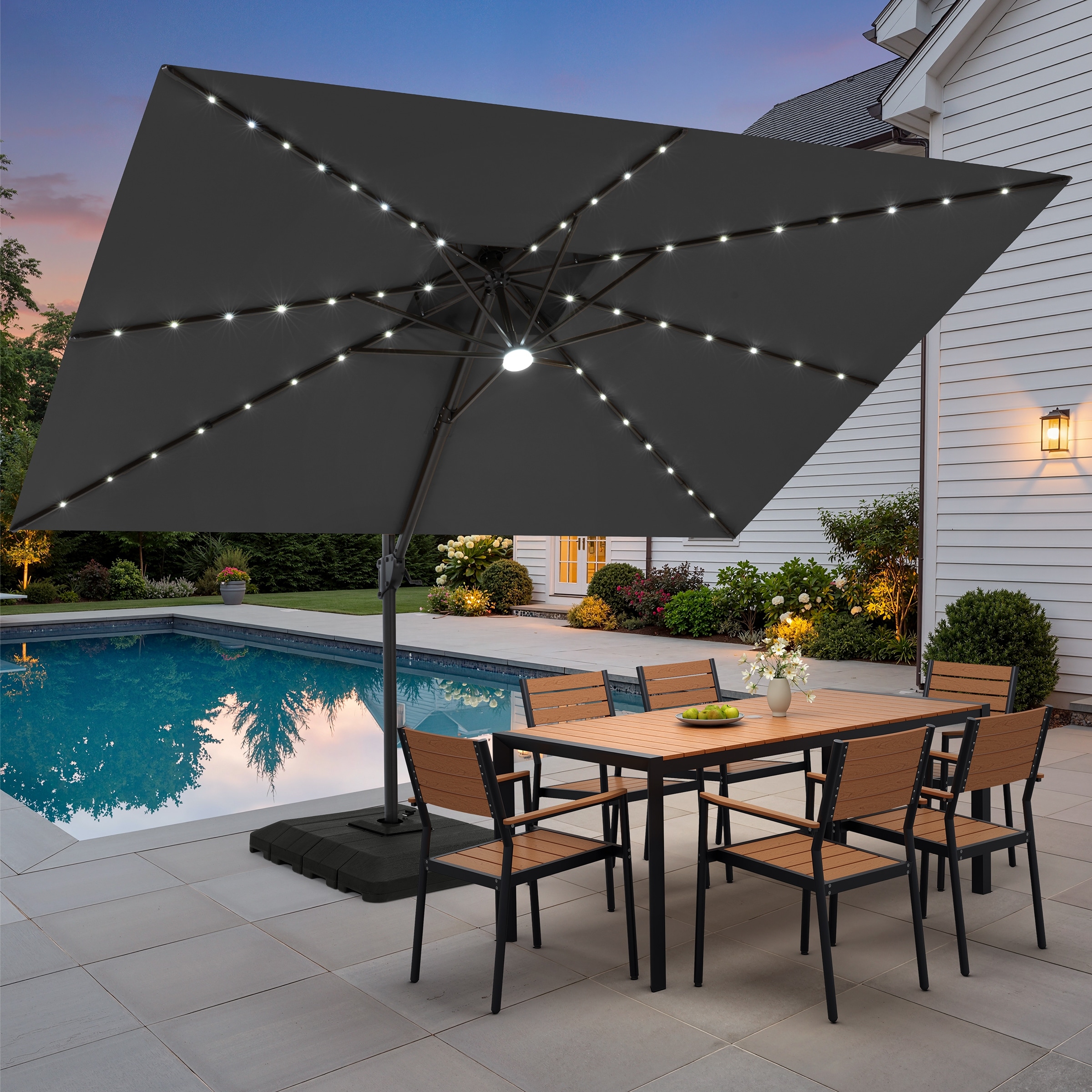 Outdoor Patio 9 x 12 FT Double Top Solar Led Light Cantilever Umbrella with Weight Base