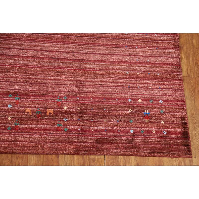 Hand Knotted Oriental Viscose Silk Carpet Tribal Animal Pictorial Red Gabbeh Area Rug - 10' 0'' X 7' 11''