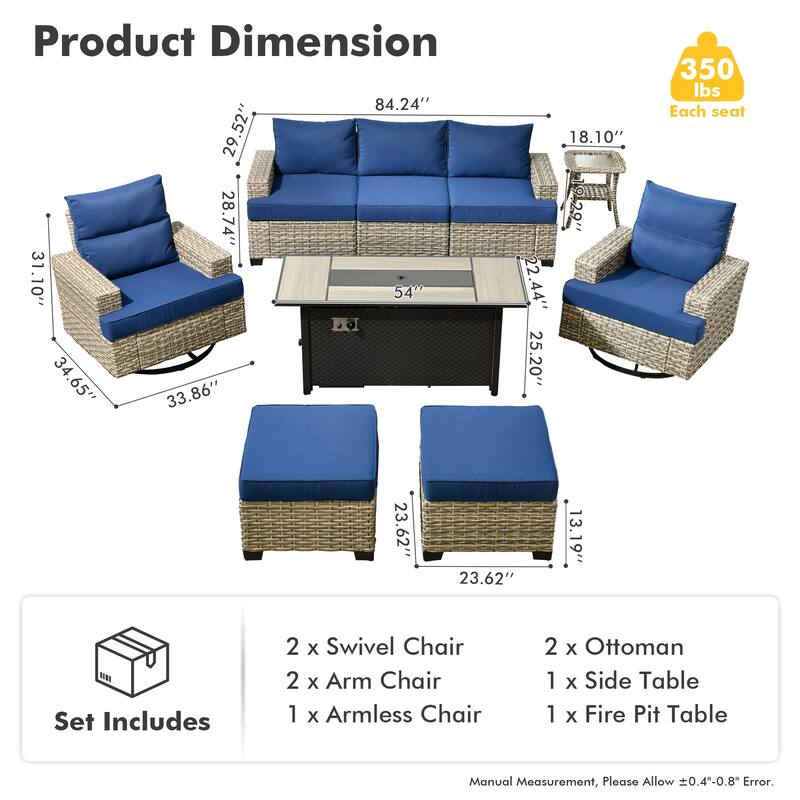 HOOOWOOO 9-piece Outdoor Wicker Furniture Swivel Rocking Chair Set with Fire Pit Table
