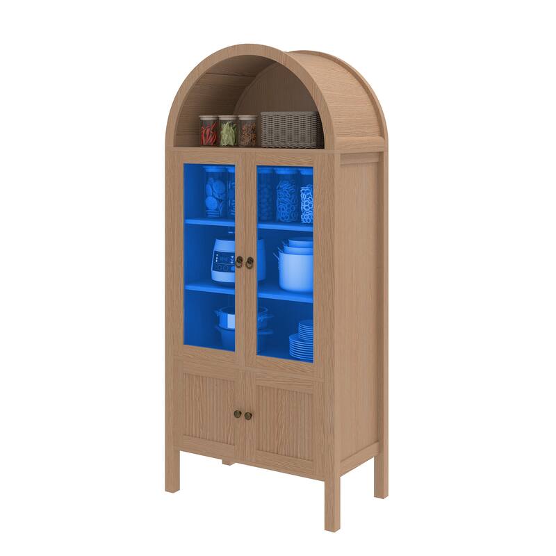 Moasis 71 Inch Tall Arched Display Cabinet with LED Lighting and Glass Doors for Living Room or Dining Room Storage