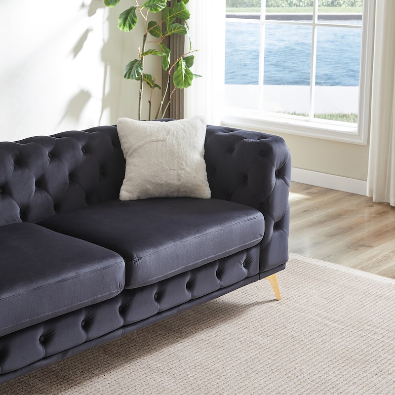 Tufted Design Straight Row Couch Velvet Chesterfield Deep Seat Sofa, Upholstered Couch with Solid Wood Frame and Gold Metal Legs
