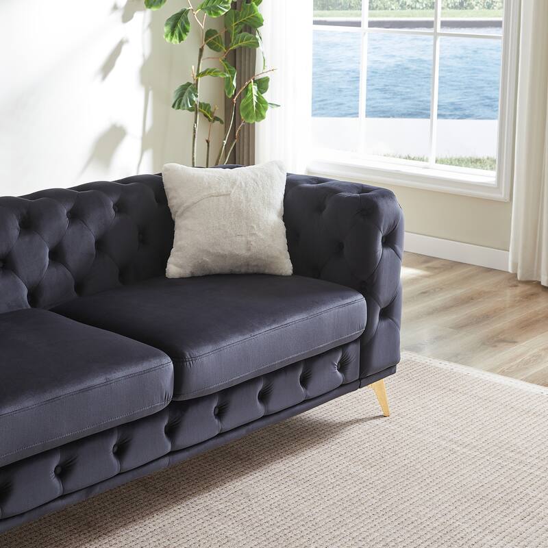 Velvet Upholstered 3 Seater Sofa, Chesterfield Tufted Button Sofa, Lounge Sofa Chair with 2 Pillows & Metal Legs