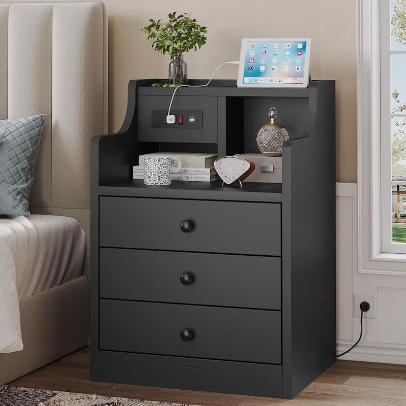 Nightstand with Drawers Charging Station End Side Table with Hutch