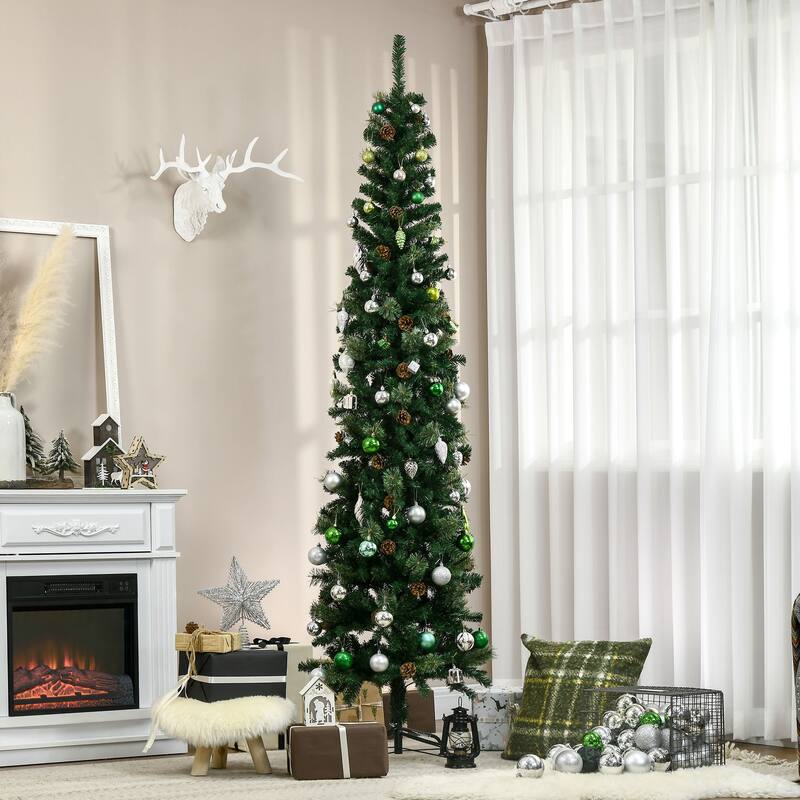 7.5ft Slim Pine Pencil Christmas Tree with Pine Cones, Easy Assembly for Small Spaces