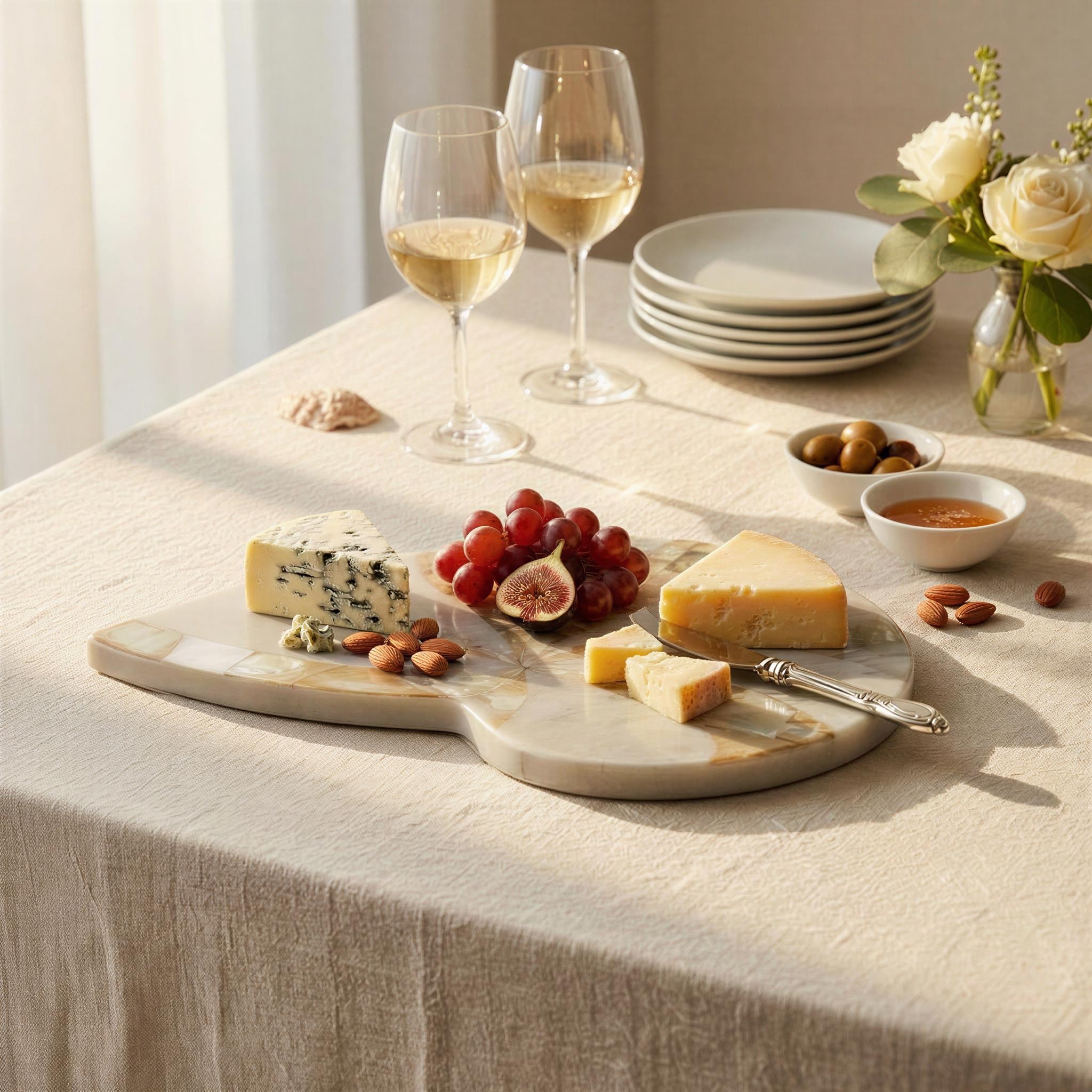 Marble Shell-Shaped Cheese Serving Board with Mother of Pearl Inlay - 12.0"L x 8.0"W x 0.75"H