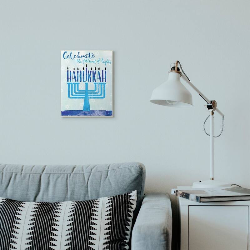 Stupell Festival Of Lights Hanukkah Holiday Menorah Blue Word Design Wood Wall Art, Proudly Made in USA
