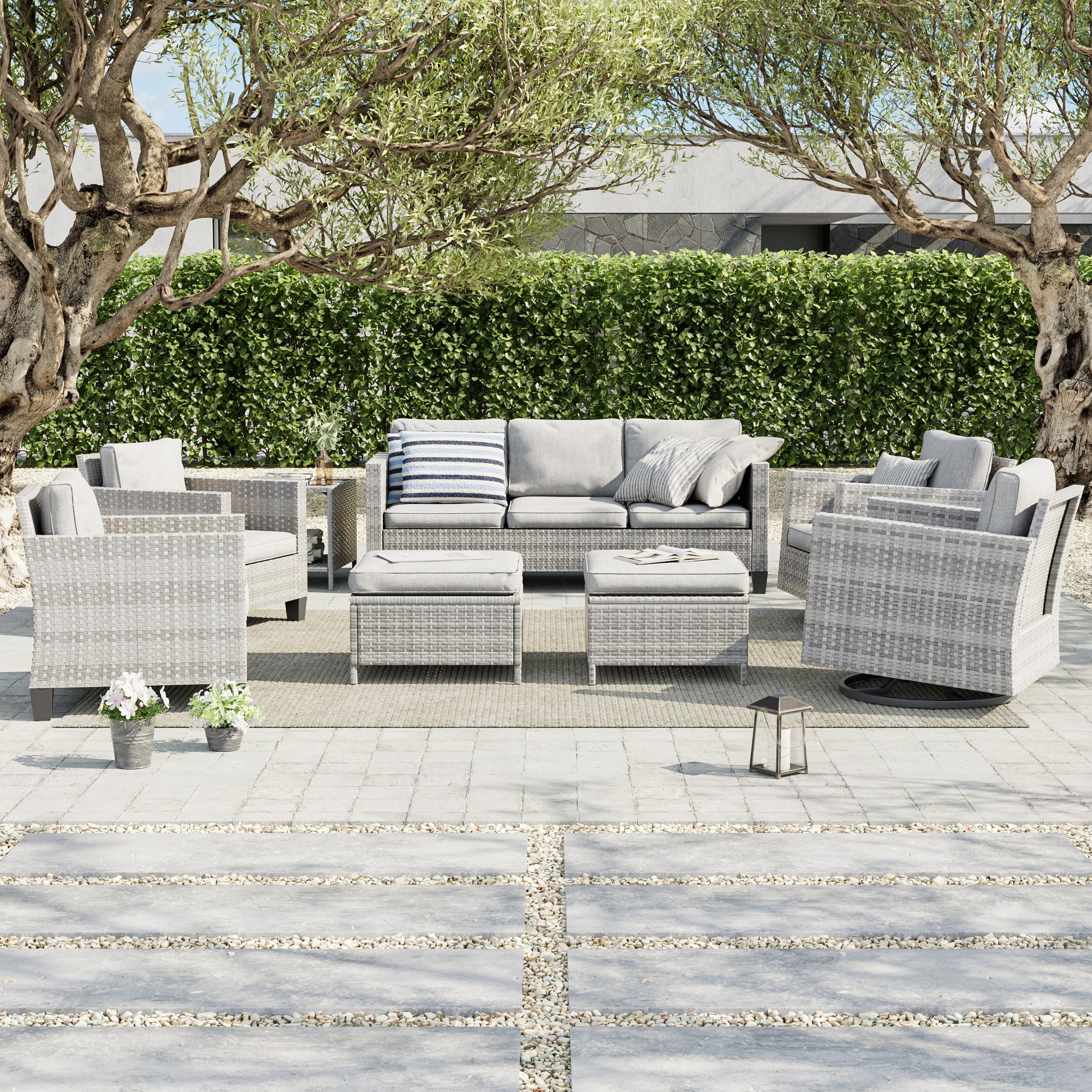 LIVOOSUN 8Pcs Patio Rocking Swivel Chair Sectional Brown Wicker Ottoman Sofa Set
