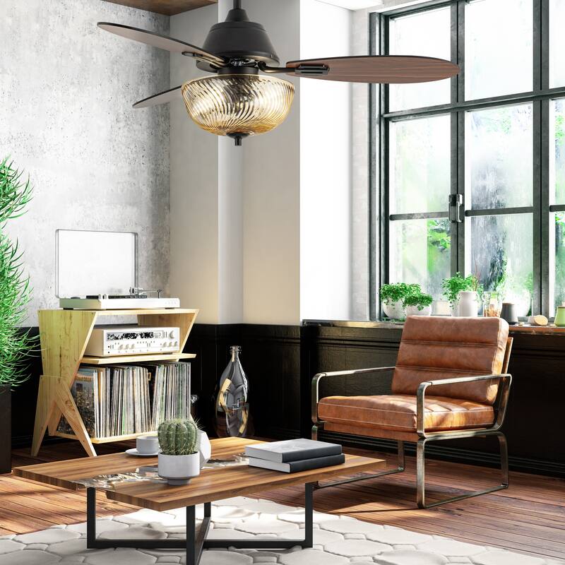 Coco River of Goods 3-blade 42-inch Glam Indoor Ceiling Fan with Amber Hand-Cut Glass Shade and Remote Control