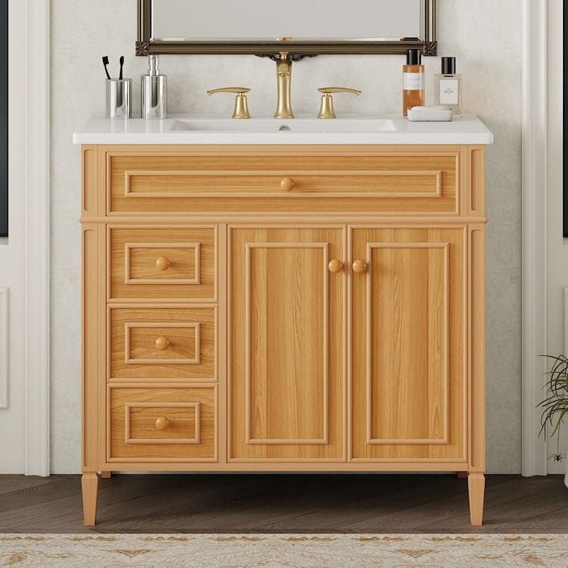 36" Bathroom Vanity with Sink, Solid Wood Frame Bathroom Storage Cabinet, Natural Wood - 36 Inch