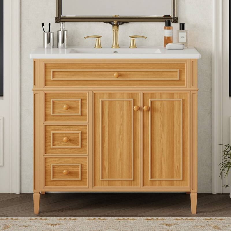 36" Bathroom Vanity with Sink, Wood Vanity Cabinet with Flip-Out Drawer, 3 Drawers, 2 Soft-Close Doors, Solid Wood & MDF - Wood