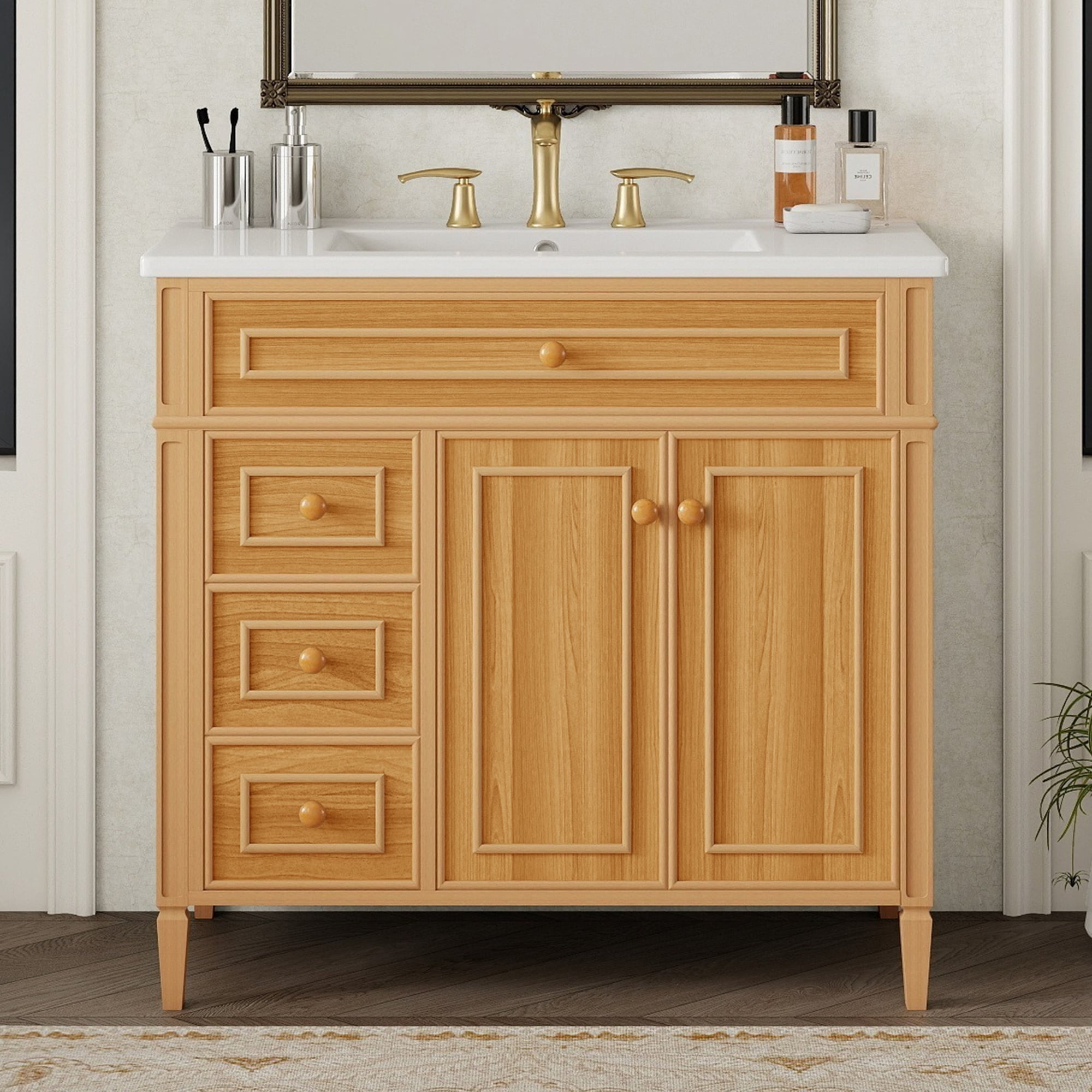36" Bathroom Vanity with Sink, Wood Vanity Cabinet with Flip-Out Drawer, 3 Drawers, 2 Soft-Close Doors, Solid Wood & MDF