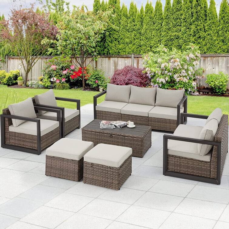 EROMMY 7 Piece Outdoor Patio Furniture Set with Cushions, All-Weather Rattan Sectional Sofa, Aluminum Frame, Coffee Table
