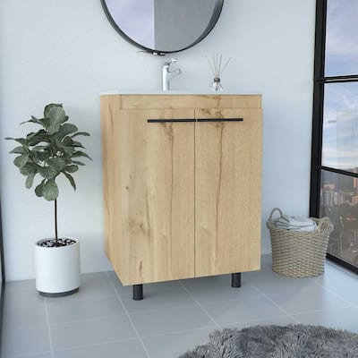 Light Oak Free-Standing Bathroom Vanity, Resin Sink, Double Door Cabinet with Shelves, 23.8 Inches Wide