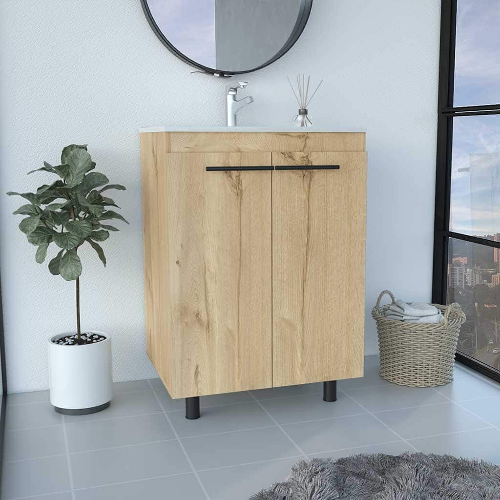 Light Oak Free-Standing Bathroom Vanity, Resin Sink, Double Door Cabinet with Shelves, 23.8 Inches Wide
