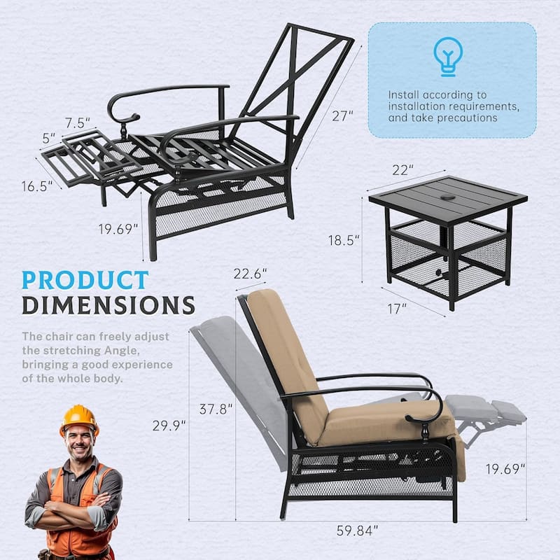 Outdoor Patio Adjustable Cushioned Recliner Lounge Chair & Bistro Side Table Set