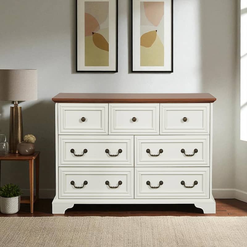 Farmhouse 7 Drawer Dresser, Rustic Wooden Chest of Drawers with Vintage Handles, Storage Organizer for Bedroom and Hallway - Antique Brown