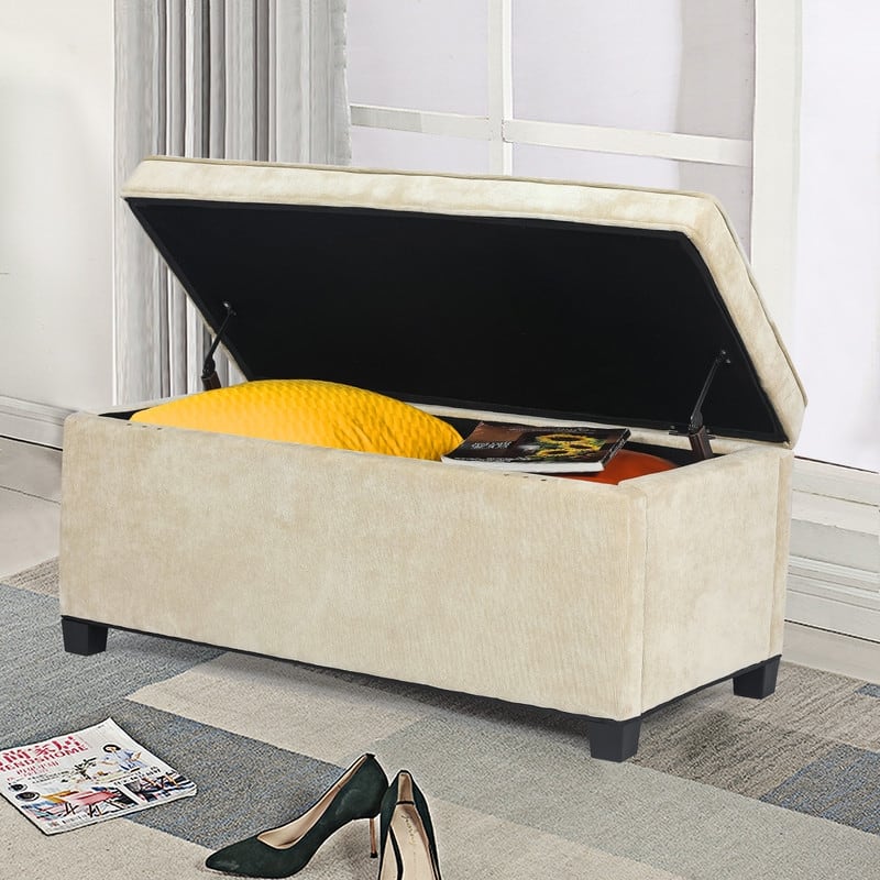 Adeco Rectangular Storage Ottoman Bench Fabric Linen Footstool Assembly Required