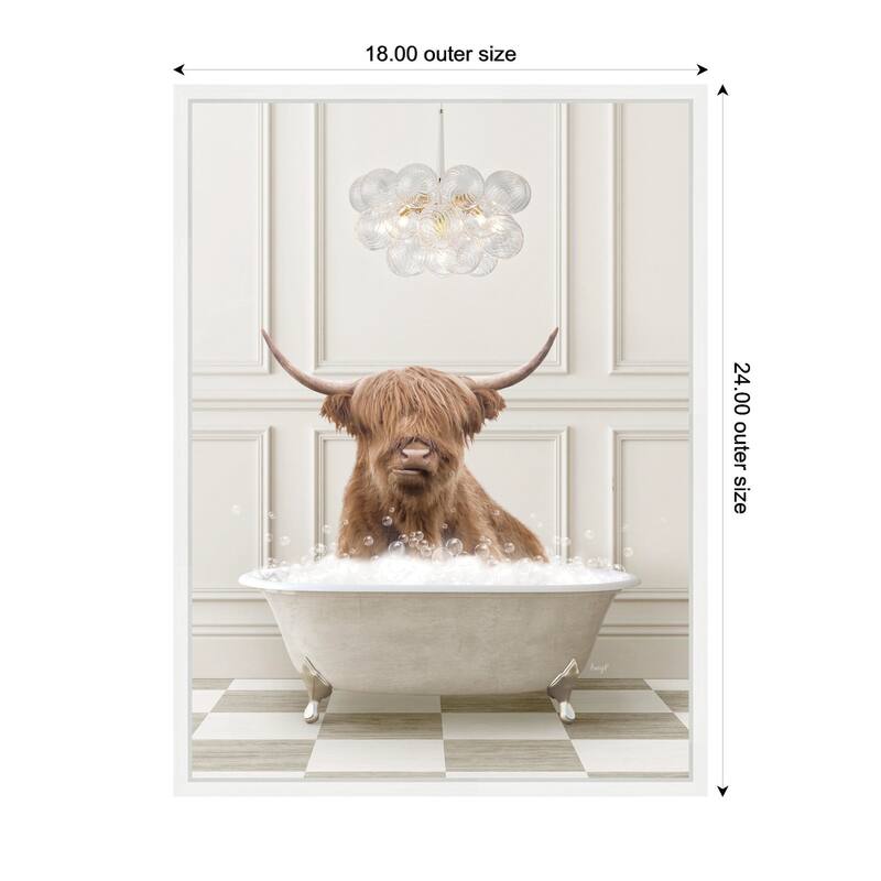 Kate and Laurel Sylvie Highland Cow in Lux Bathtub Framed Canvas by Amy Peterson
