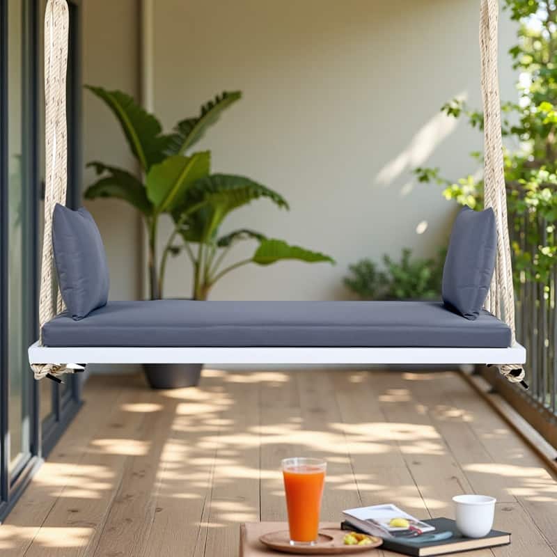 Acacia Wood Porch Swing Chair with Cushion and Pillows 10.8ft Hemp Ropes, 400lb Capacity