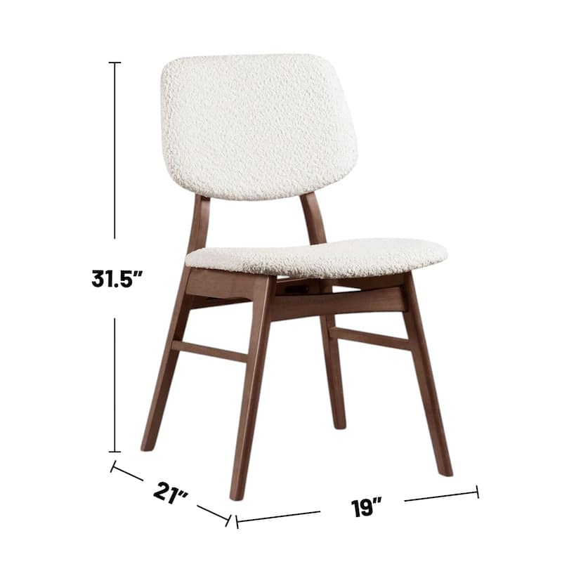 Set of 2 Boucle Upholstered Dining Chairs with Padded Back and Seat in Walnut and Beige