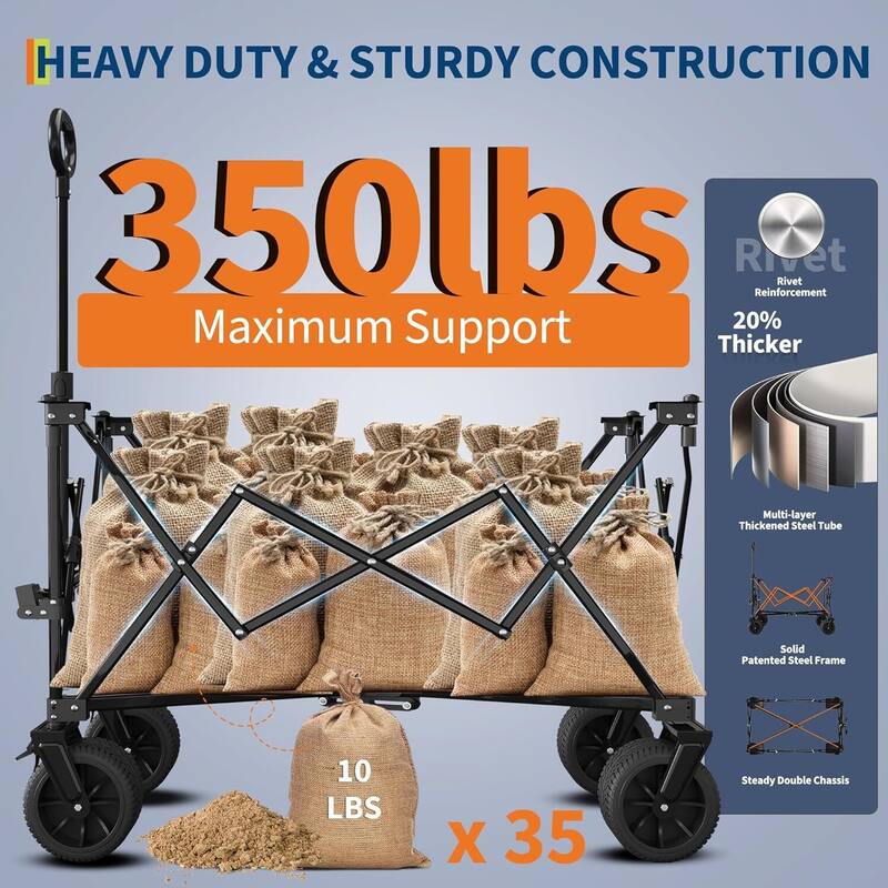 Outdoor Collapsible Folding Wagon Cart, 350lbs Capacity for Beach, Camping, Garden