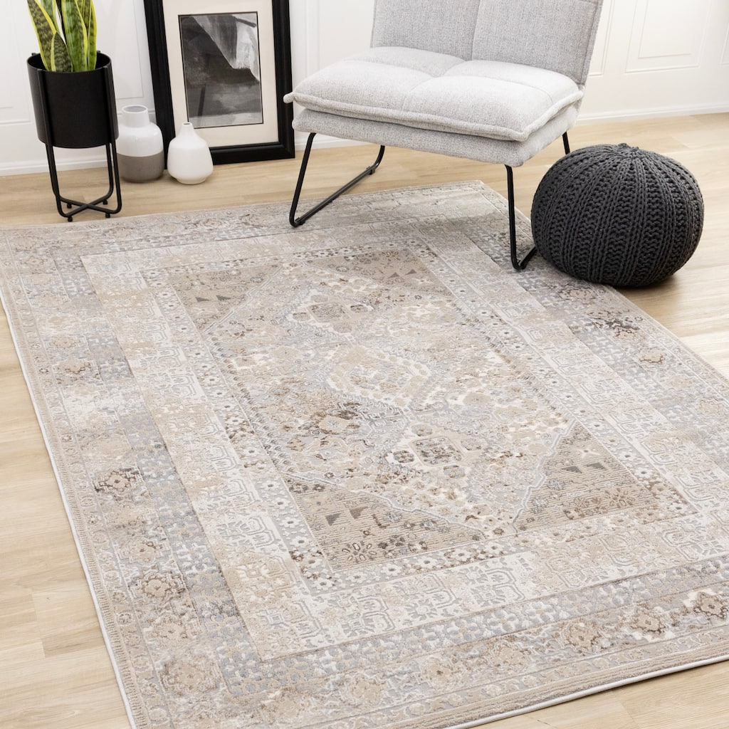 Cream Beige Grey Traditional Medallion Indoor Area Rug,