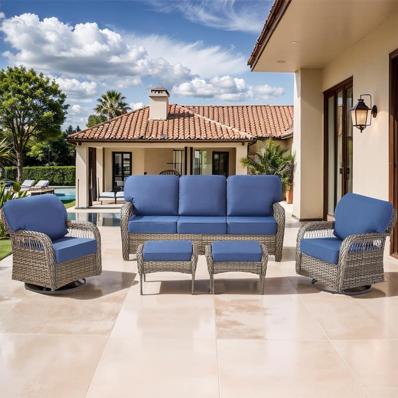 Pocassy Swivel Chair with Outdoor Sofa Ottoman Funiture Set. - Gray Wicker Blue Cushion - 5-Piece Sofa Swivel Chair with Ottoman