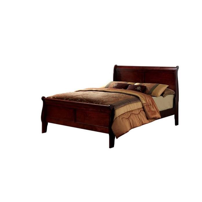 Queen Size Sleigh Bed in Cherry Finish, Transitional Style Solid Wood Bedroom Furniture