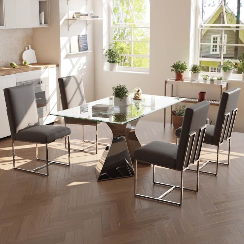 Luxury Gold Dining Table Set with 63 inch Glass Dining Table and White Leather Dining Chairs