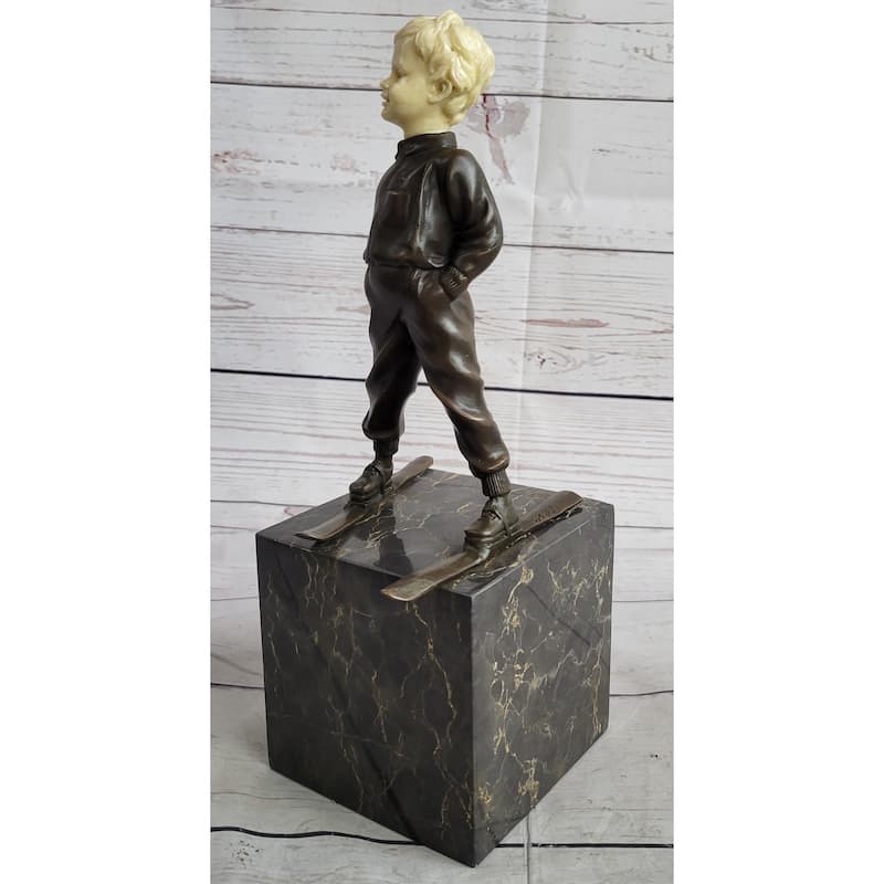 Little Boy Child On Skis Skiing Bronze Statue Sculpture Figurine On Marble Base