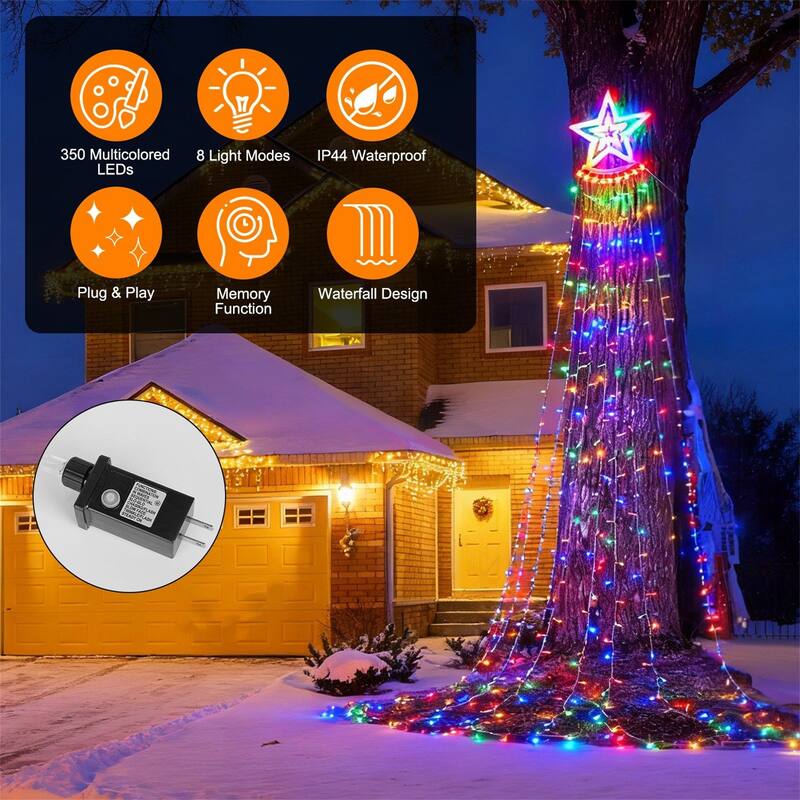 1 PCS 11.48FT 350LED Waterproof String Lights with Star Topper 8 Light Modes Memory Function