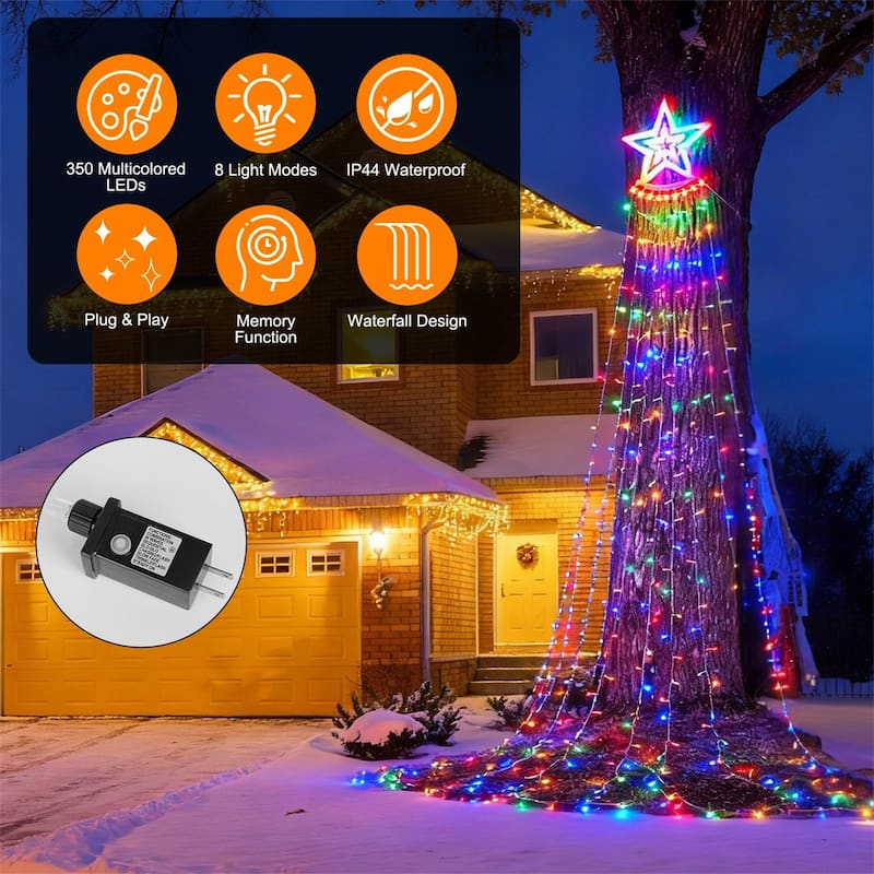 1Pc 11.48FT 350LED Multicolored Christmas Star Waterfall Tree String Light