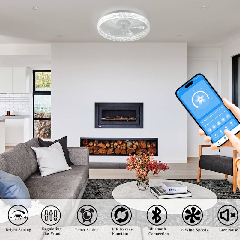 19" Bedroom Fan Light with Remote Control, Dimmable, 7 Blades, Reversible DC Motor, with LED Light