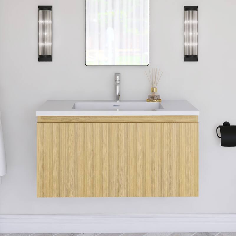 Floating Bathroom Vanity in Yellow Oak with Integrated Resin Top - 35.43'' x 18.90'' x 18.19''