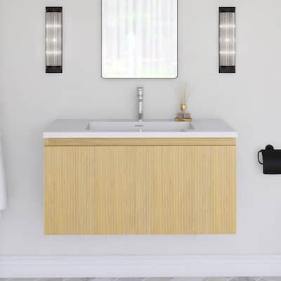 Floating Bathroom Vanity in Yellow Oak with Integrated Resin Top