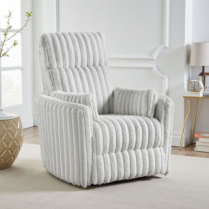 Swivel Manual Recliner Chair, 2 Pillows, White Corduroy, 39 Inch