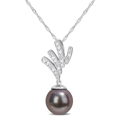 Miadora 8-8.5mm Black Tahitian Cultured Pearl and Diamond Accent Drop 10k White Gold