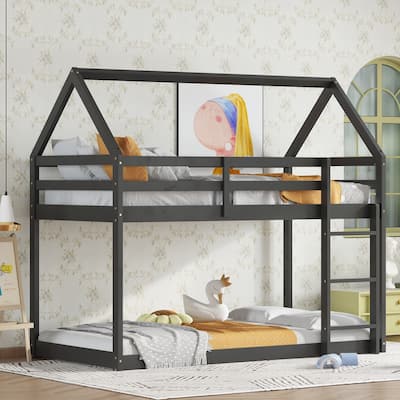 Black Twin over Twin House-Shaped Bunk Bed with Ladder, Guardrails, and Low Height Design