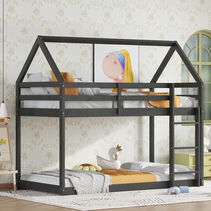 House-Shaped Twin Over Twin Rubber Wood Bunk Bed with Ladder and Guardrails, Black